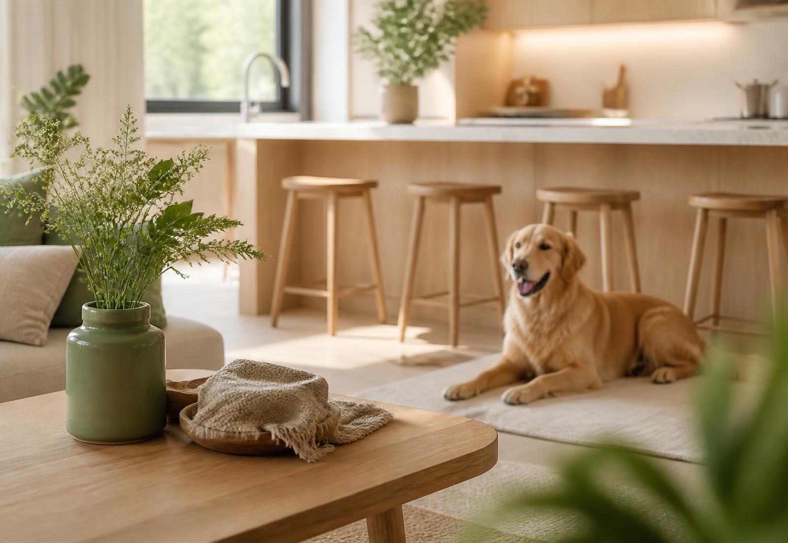 Heller, moderner Wohn- und Küchenbereich mit Holzakzenten, Pflanzen und einem entspannten Hund im Hintergrund