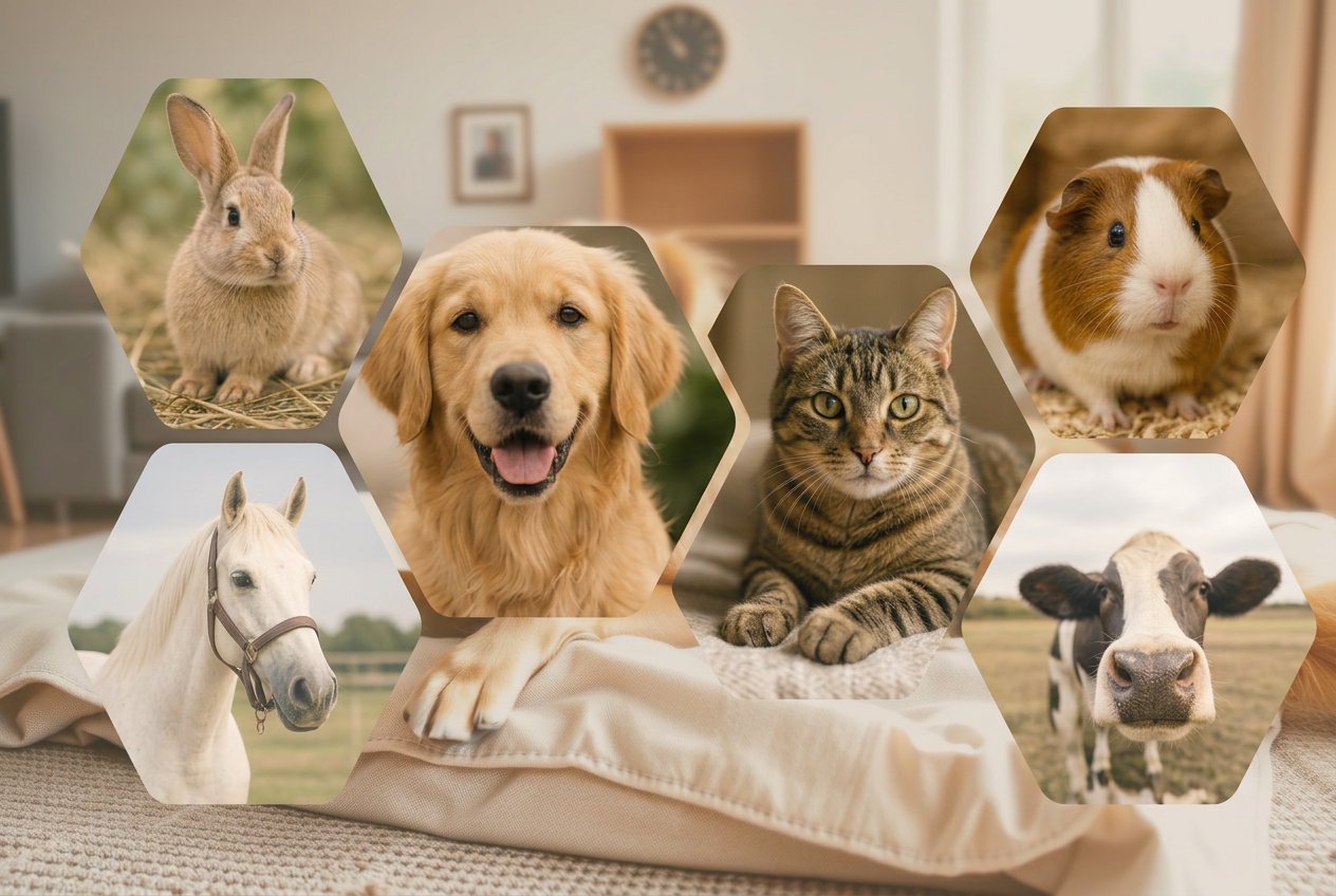 Hund, Katze, Kaninchen, Meerschweinchen, Pferd und Rind in einer freundlichen Tiercollage